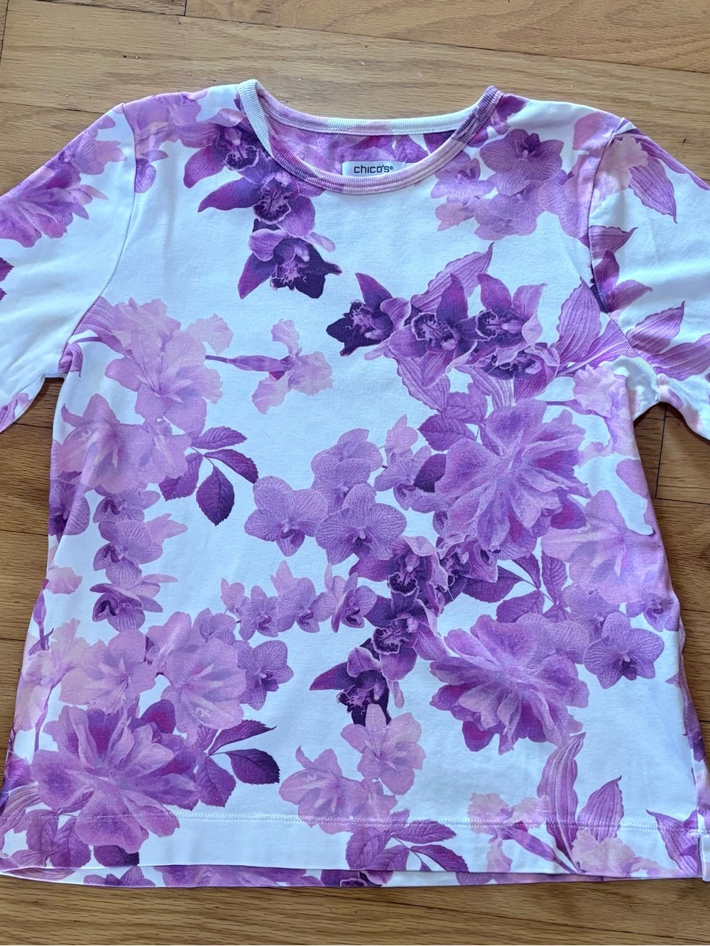Chico's White Tee with Lavender & Purple Floral Print